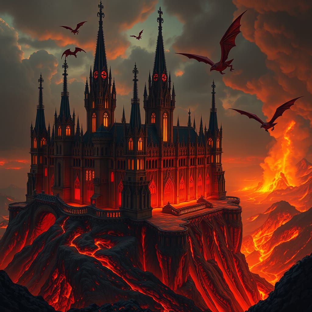 Gothic Cathedral on Volcanic Crater's Edge, with Gargoyles i...