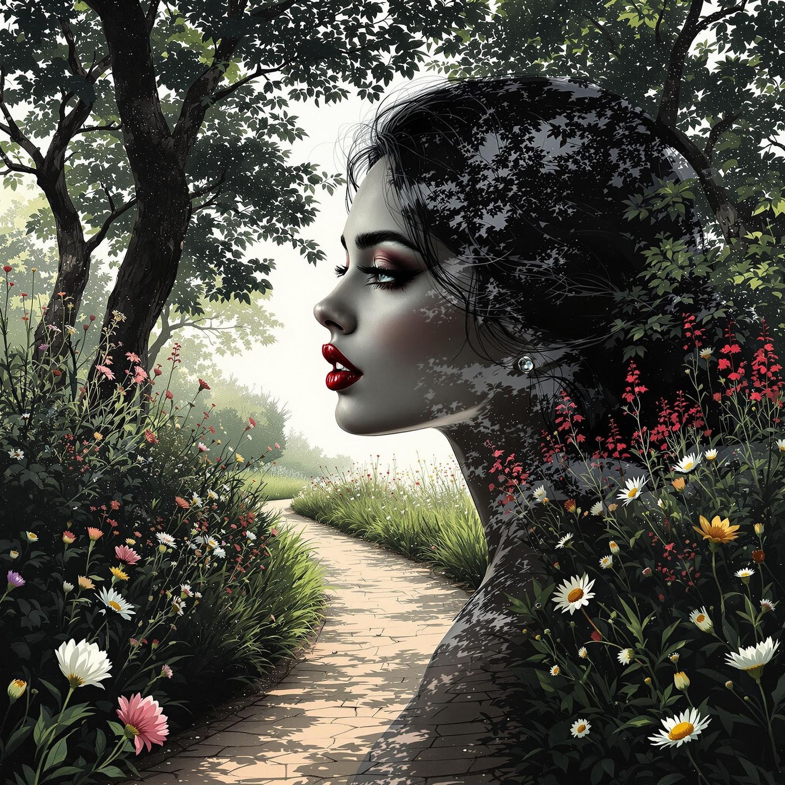 Romantic Noir Portrait in Cinematic Comic Art Style