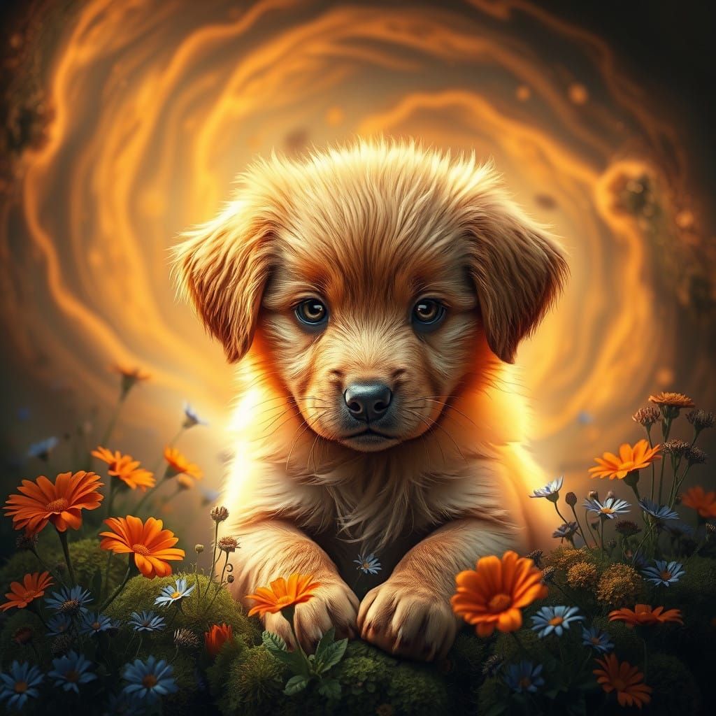 Surreal Puppy Born from the Earth in Vibrant Fantasy Landsca...
