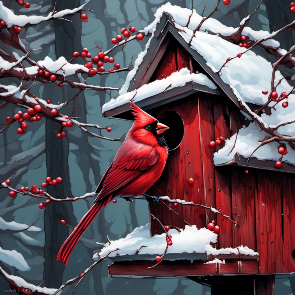 Red Cardinal on Snowy Birdhouse in Illustration Style