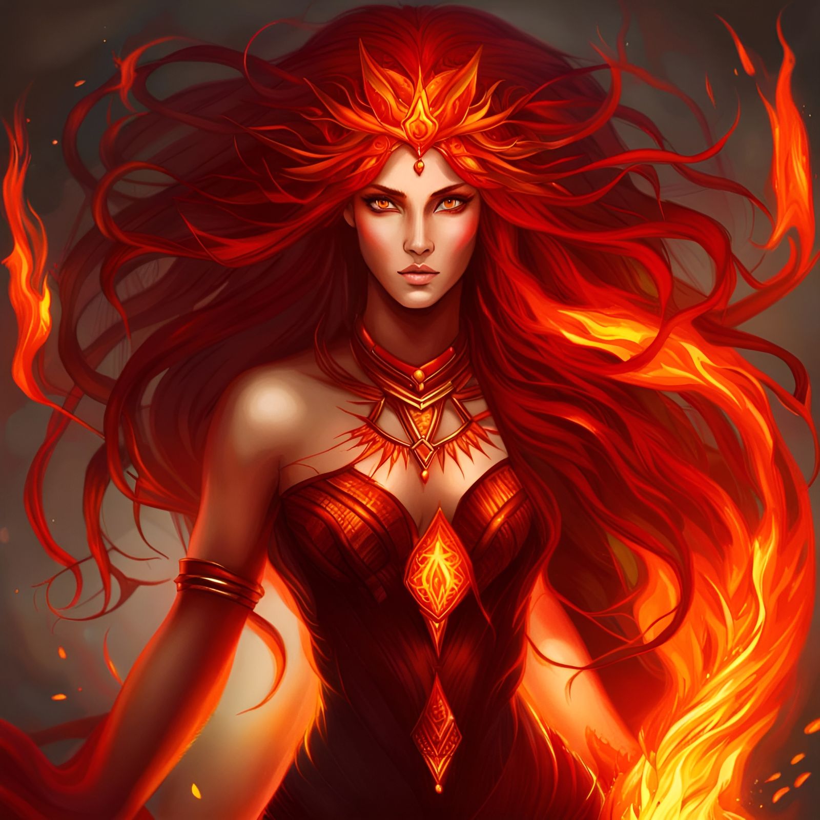 Realistic Fire Goddess with Fiery Hair