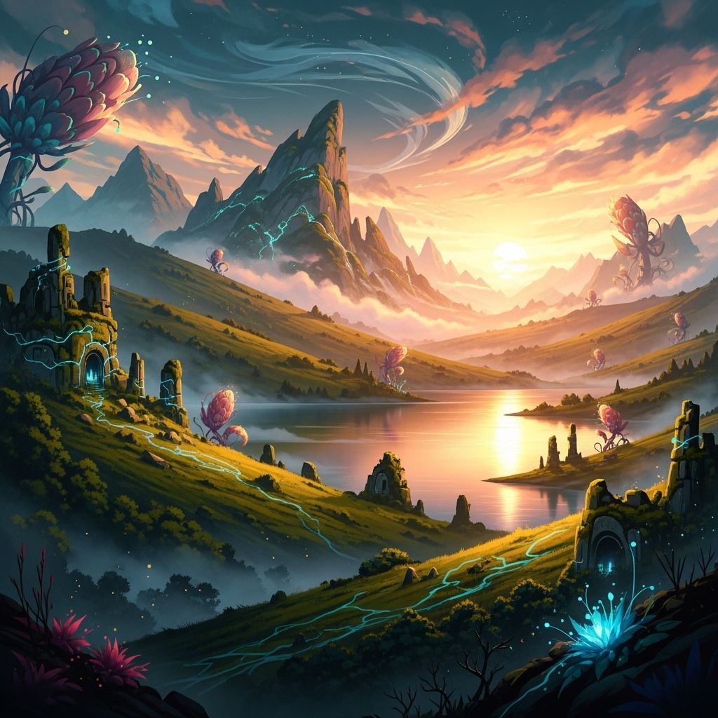 Dreamy Landscape with Rolling Hills and Golden Light