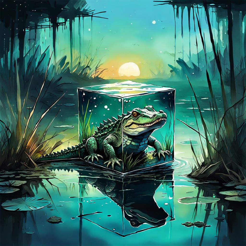 Chibi Alligator in Swamp: Digital Watercolor Art