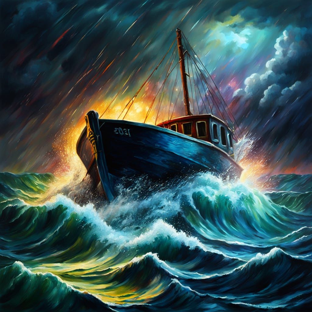 Divine Hand Saves Boat: Surrealist Oil Painting