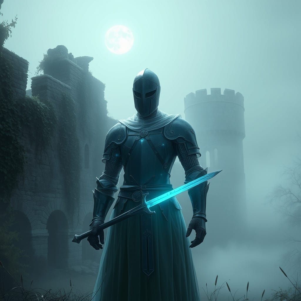 Ghostly Knight in Faint Bioluminescent Armor Under Full Moon