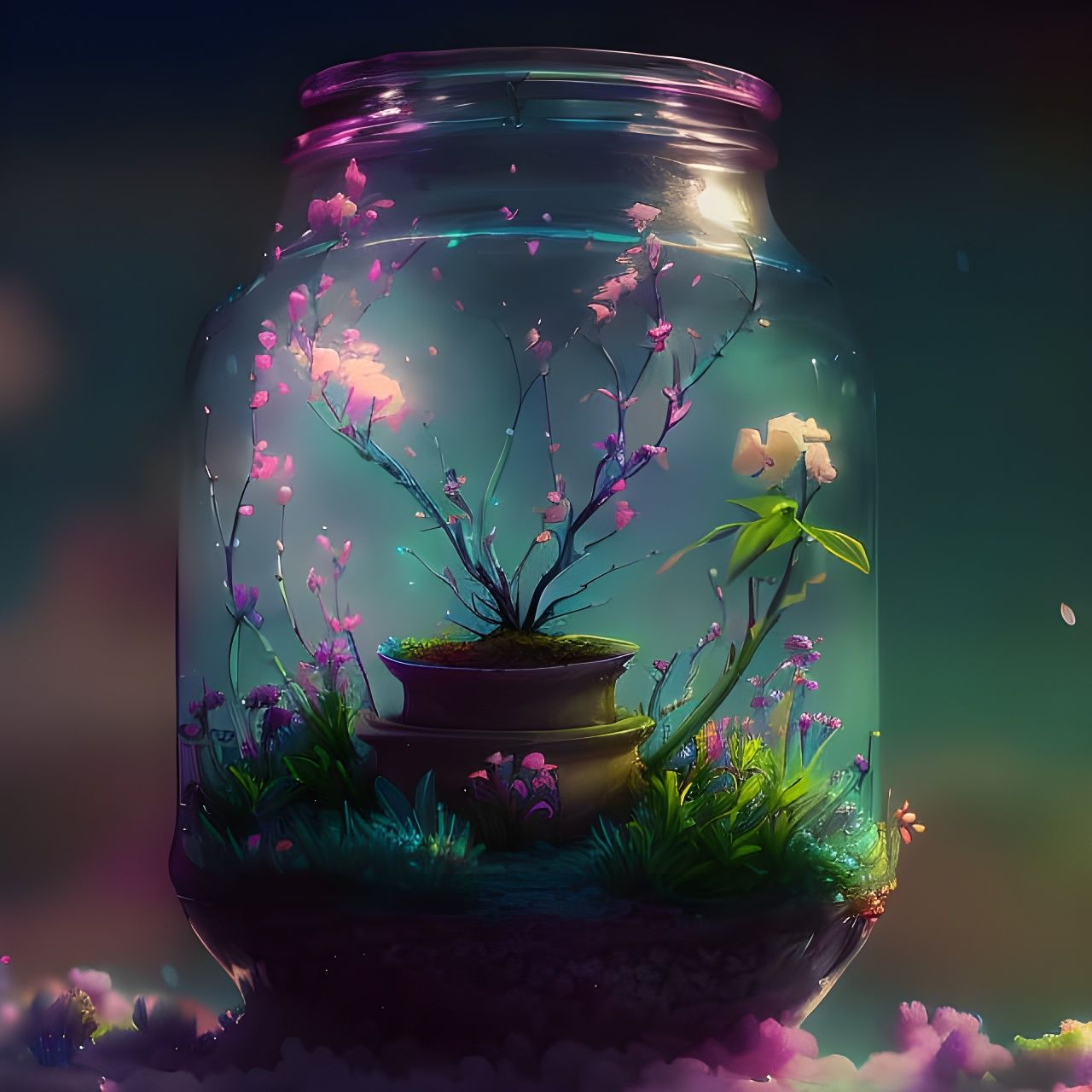 Miniature Flower Garden in Glass Jar, Watercolor Art