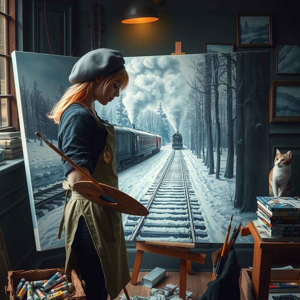 Blonde Artist Painting Surreal Train Landscape