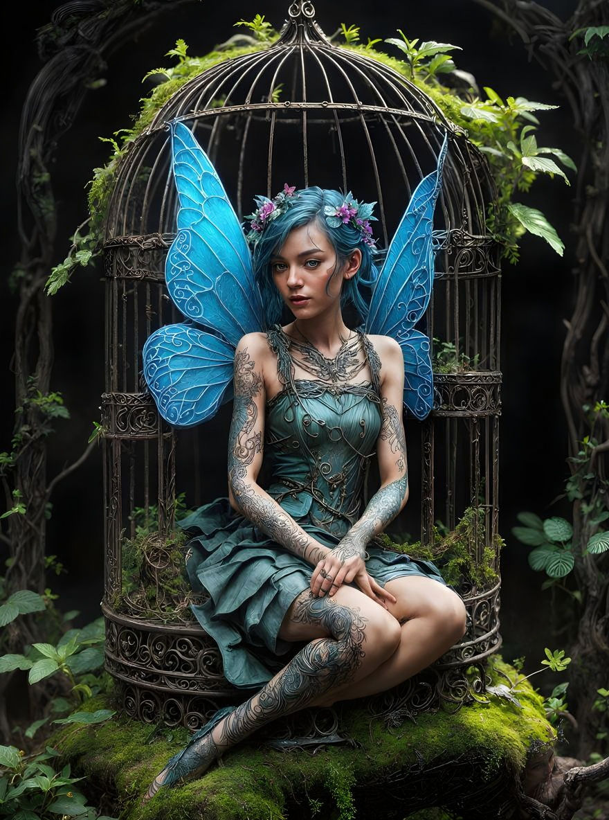 Ethereal Faerie in Rusted Cage: Hyper-Realistic Art