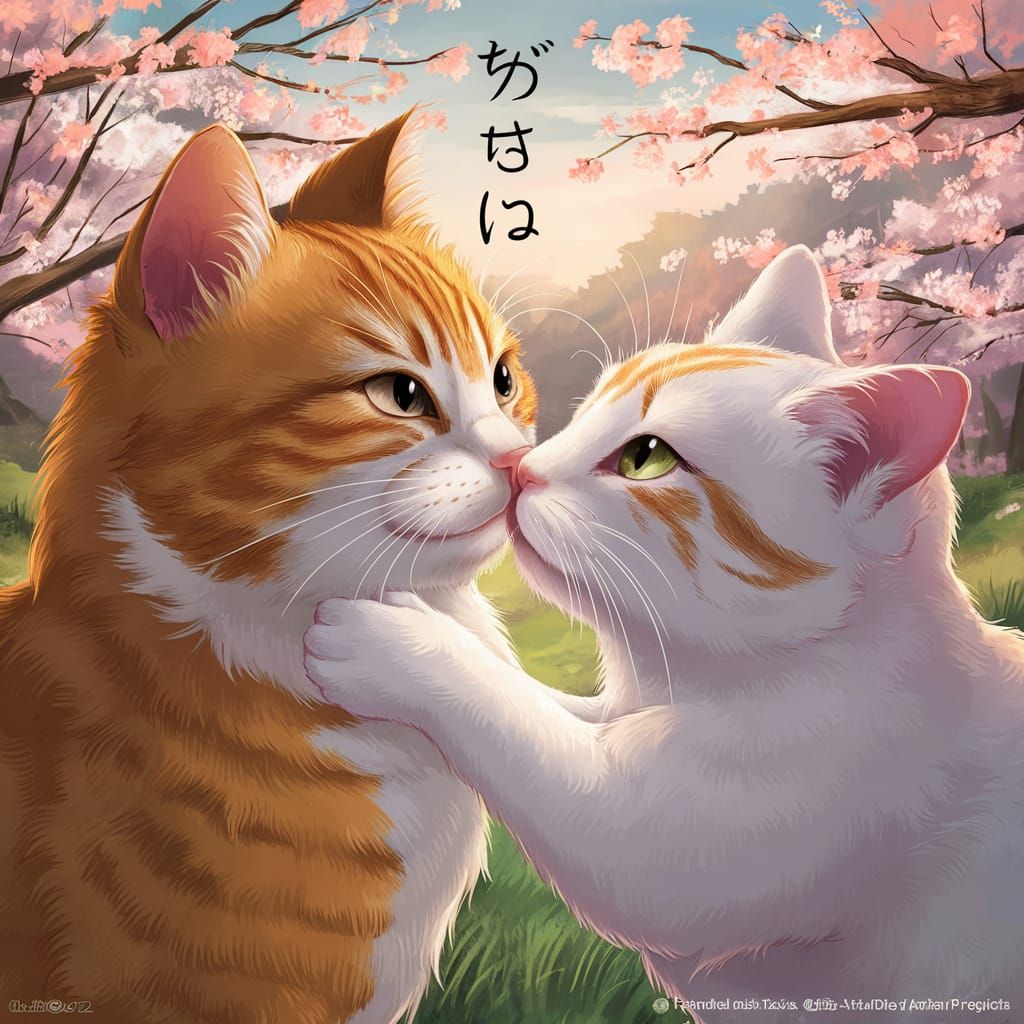Ginger and White Cats Kissing in Anime Style