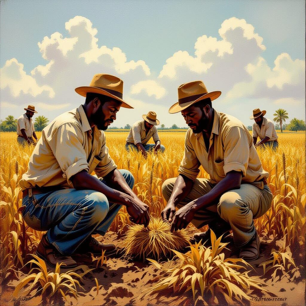 Oil Painting of African People in Cotton Field
