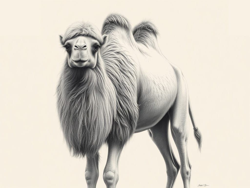 Hyper-Realistic Pencil Drawing of a Majestic Standing Camel