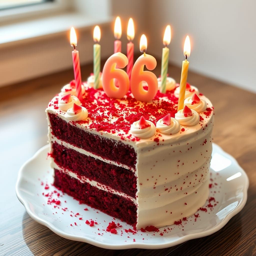 Delicious sugar free red velvet cake with 66 candles