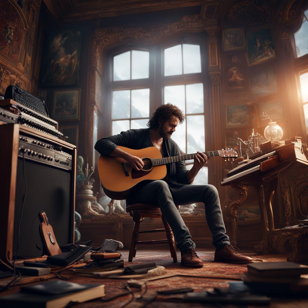 Musician Playing Guitar in Studio: Digital Matte Painting