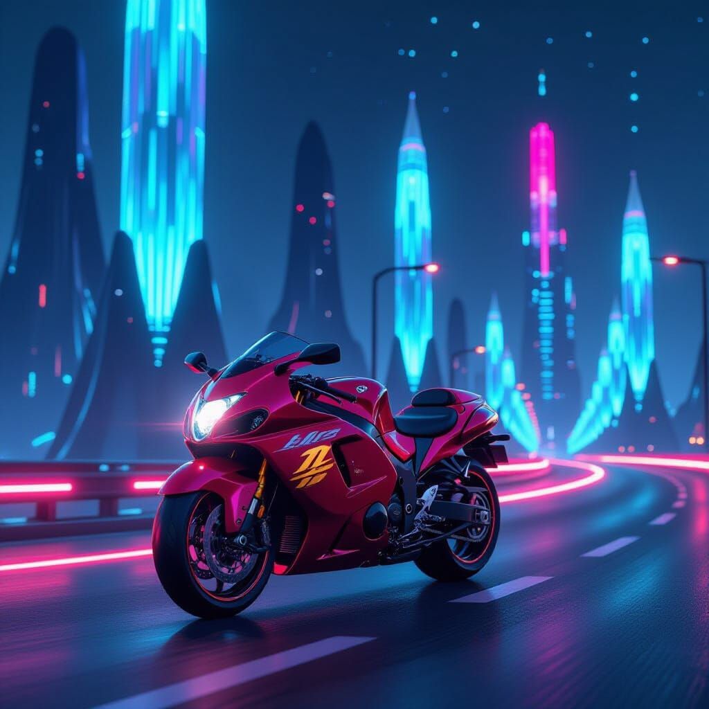 Cyberpunk Suzuki Hayabusa on Futuristic Alien Highway