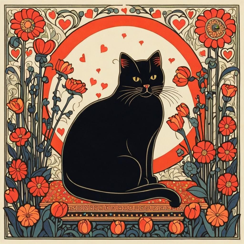 Cute Cat Surrounded by Flowers in Art Nouveau Style