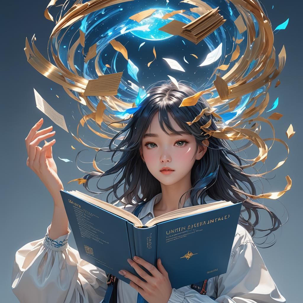 Woman Opens Book of Future Technology: Anime Style