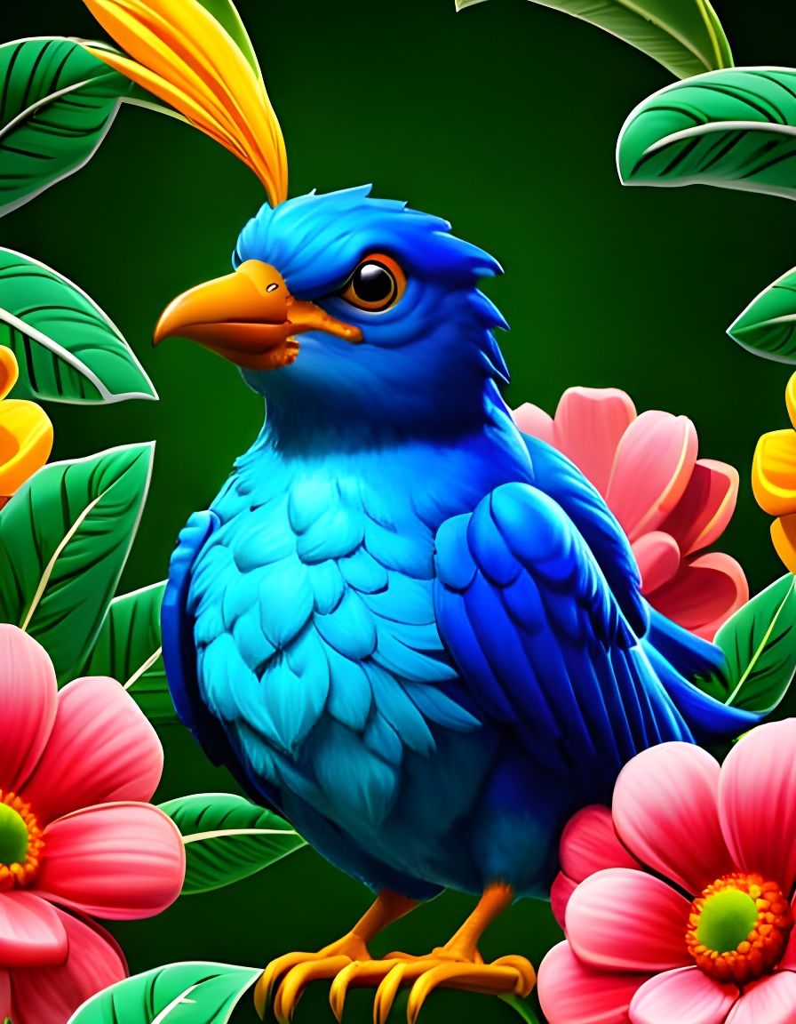 Ornate Blue-Green Bird in Lush Floral Baroque Style