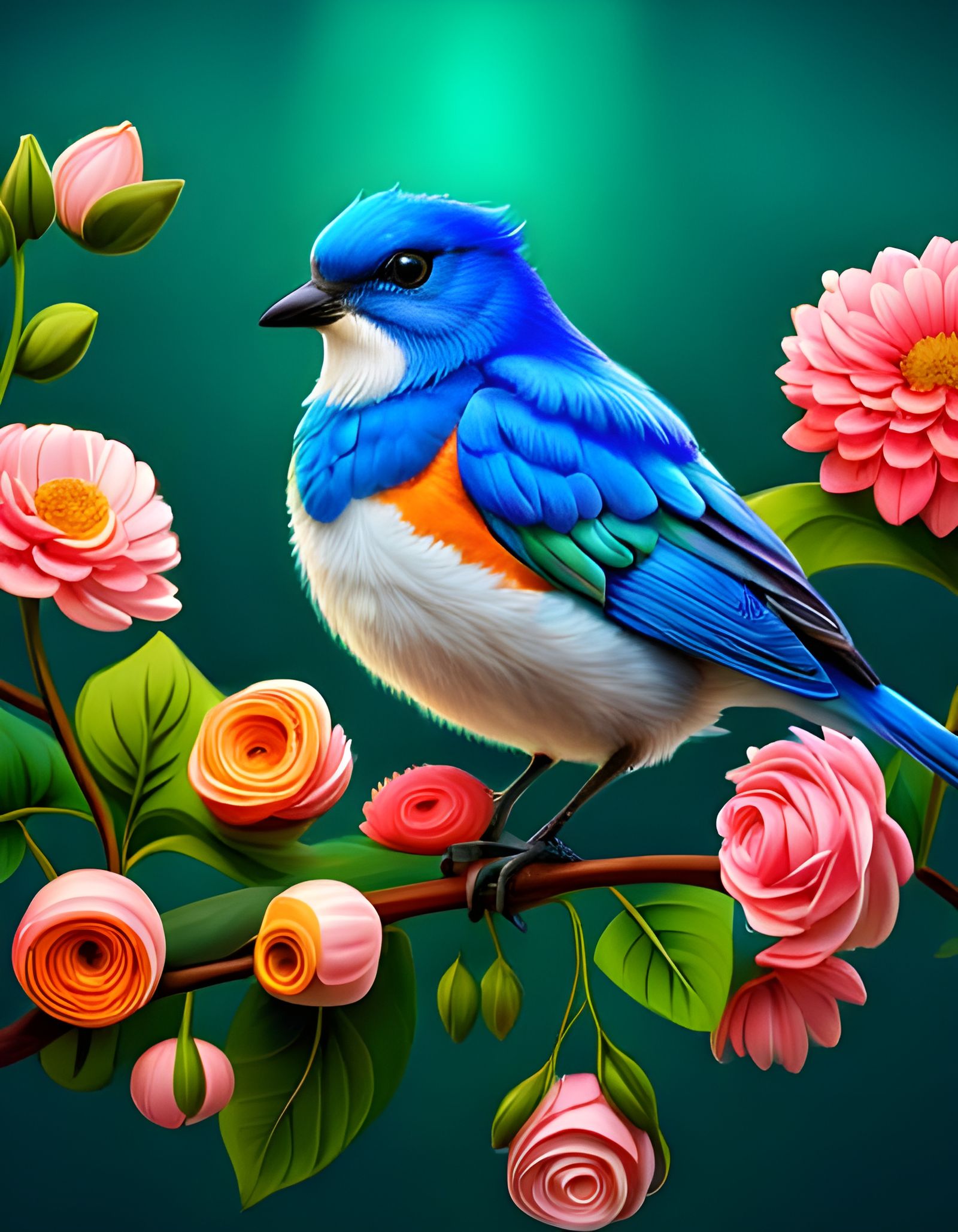 Ornate Blue Bird with Flowers in Baroque Style