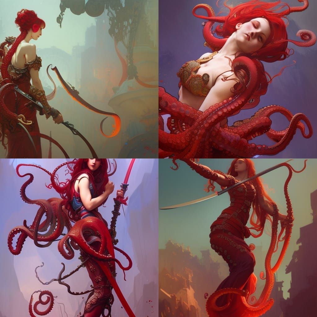 Renaissance Girl with Red Octopus Hair, Digital Art