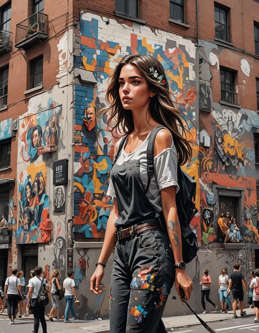 Street Art of a Beautiful Girl on Building Wall