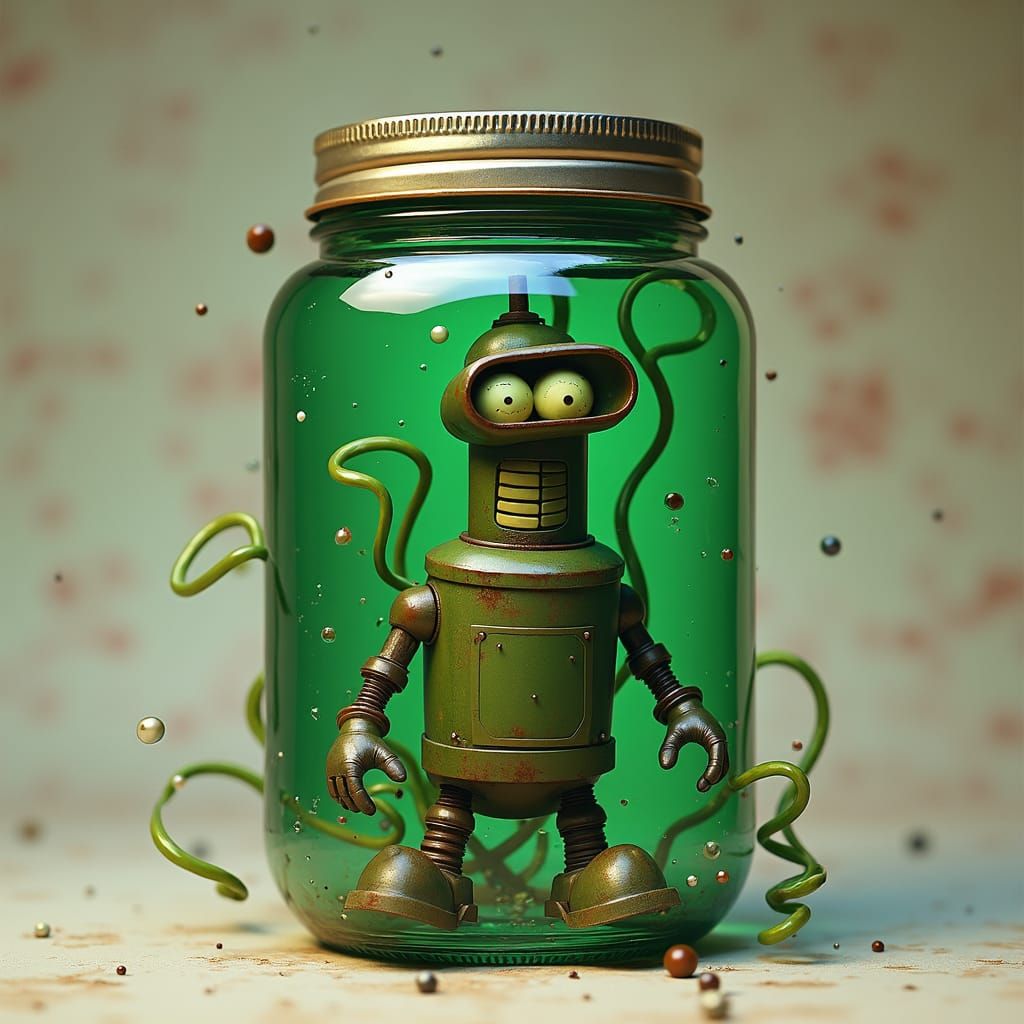 Bender as Pickle in Surreal Futurism Style