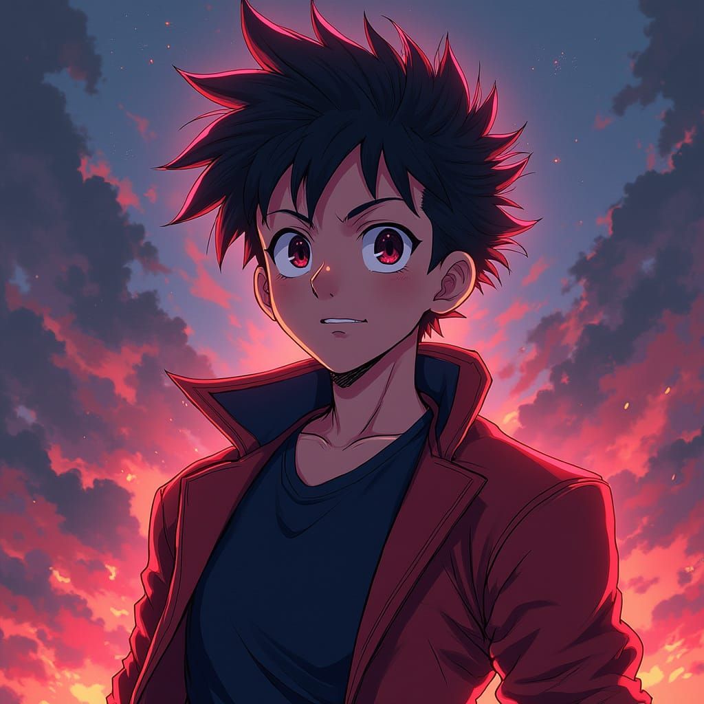 Heroic Anime Boy with Spiky Hair in Manga Style