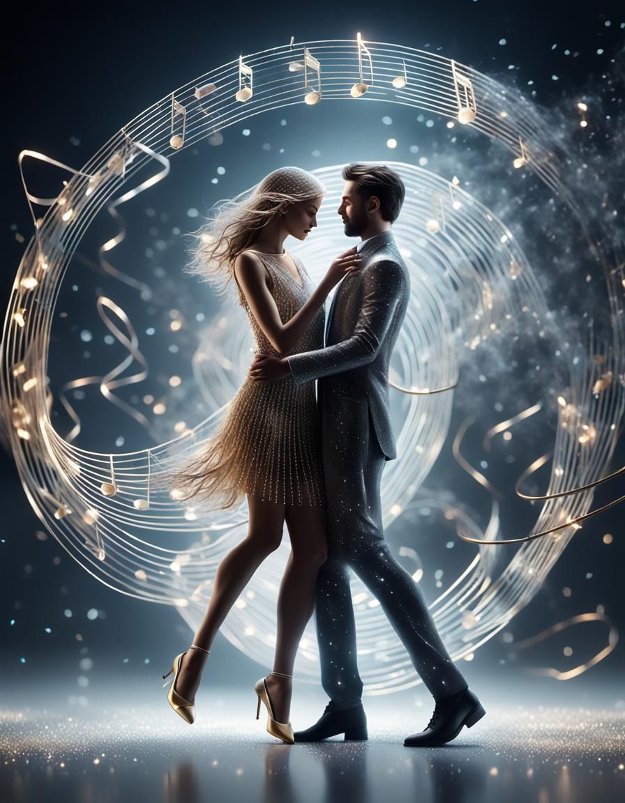Strings Couple Dancing Under Music Note in Digital Art