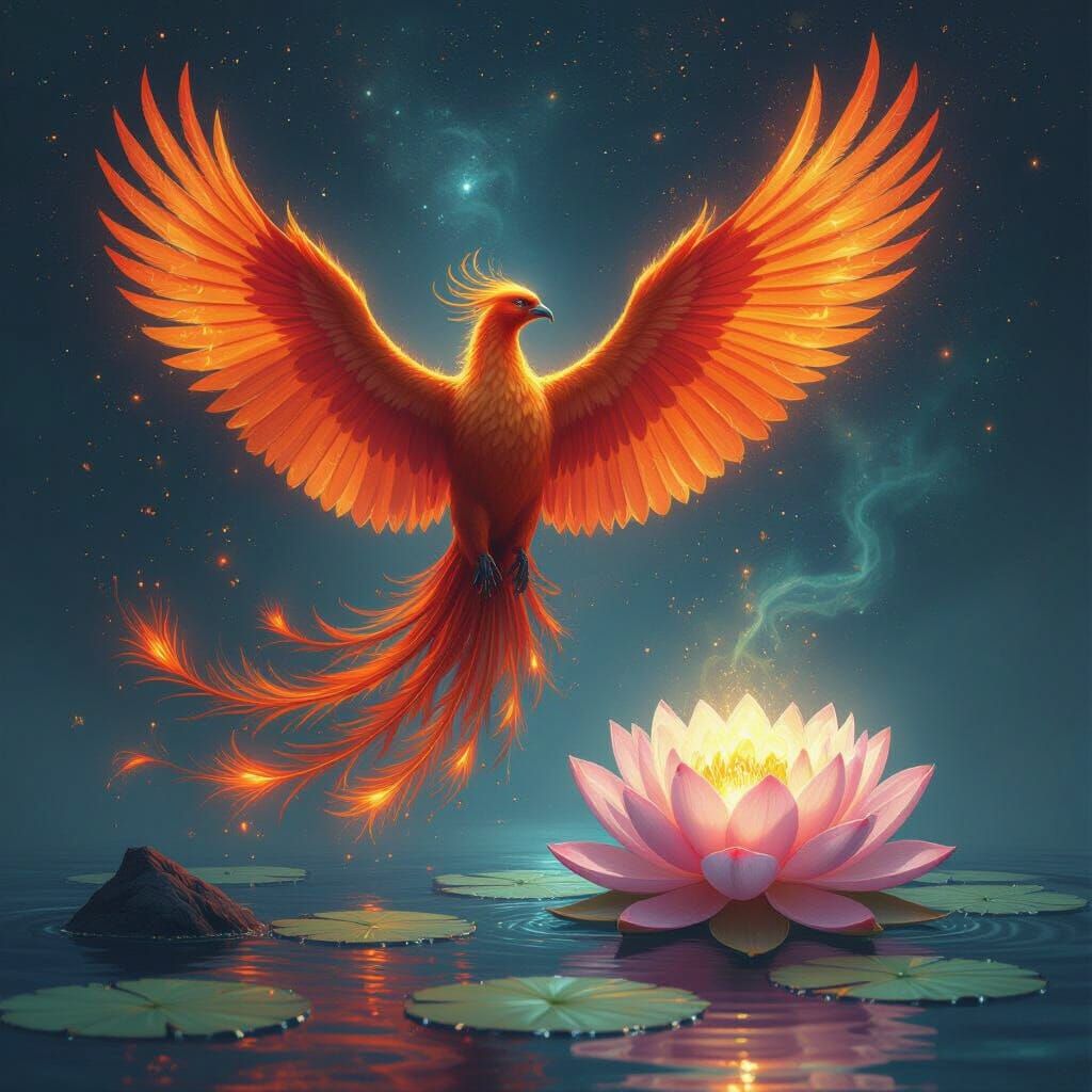 Phoenix Rises, Lotus Blooms: A Cosmic Matte Painting