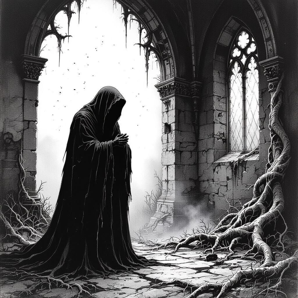 Ruined Church: Dark Figure in Black and White Illustration