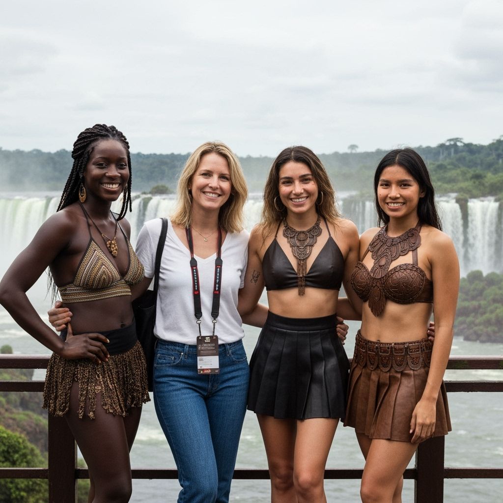 Diverse Women at Iguazu Falls in Realistic Photo