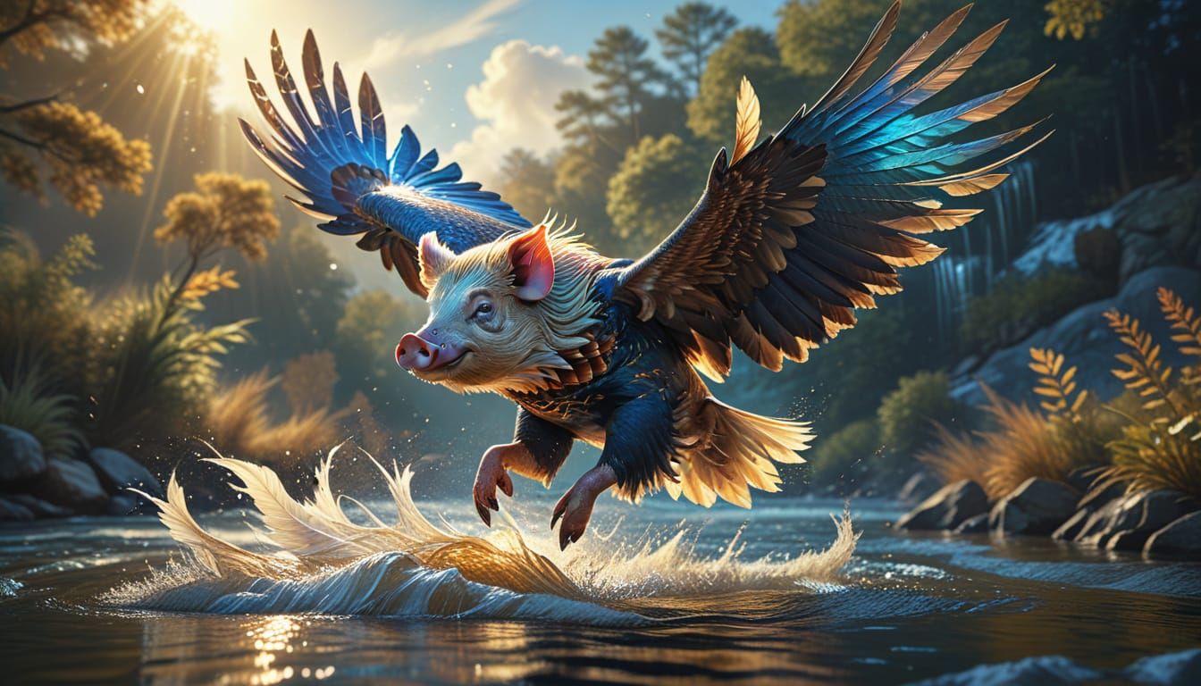 Pig Eagle Flies Over River: Digital Concept Art