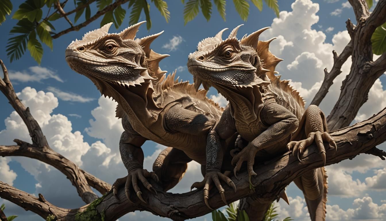 Hyperrealistic Frilled Dragon Climbing Tropical Tree