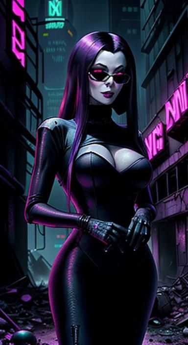 Surreal Neon Noir Portrait of a Cybernetic Velma Addams