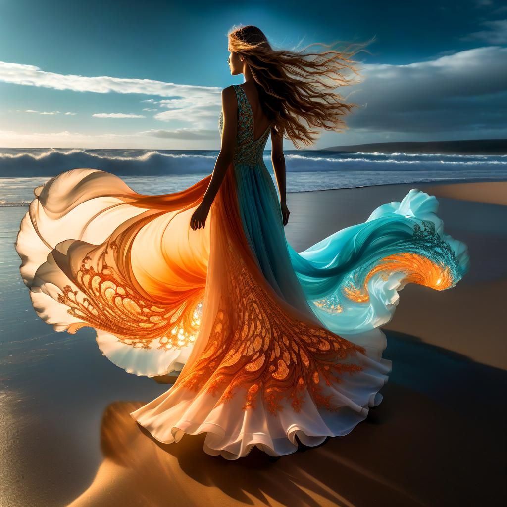 Woman on Glowing Cloud-Beach in Fractal Art