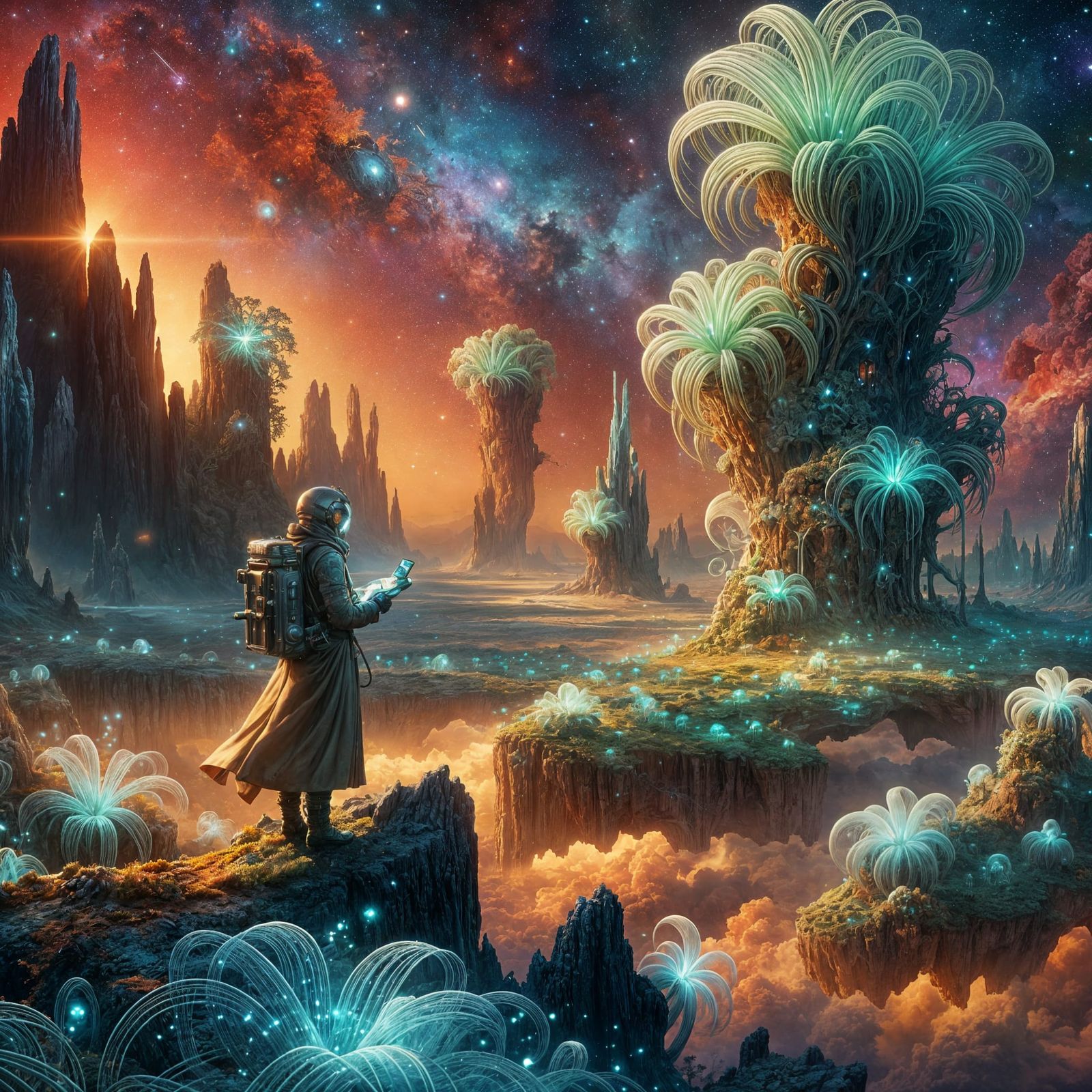 Bioluminescent Flora on Drifting Asteroid in Nebula