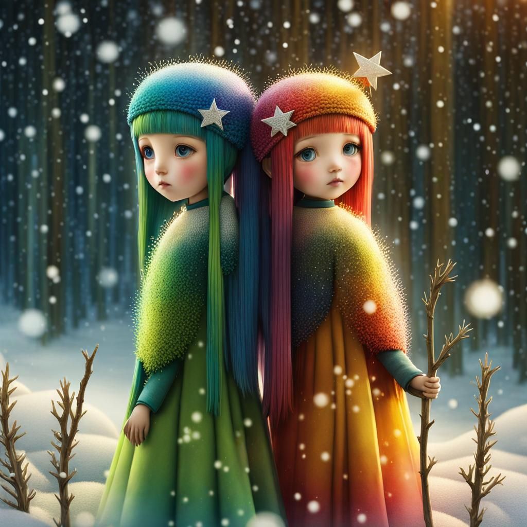 Rainbow Girls Embrace in Colorful Fantasy Art