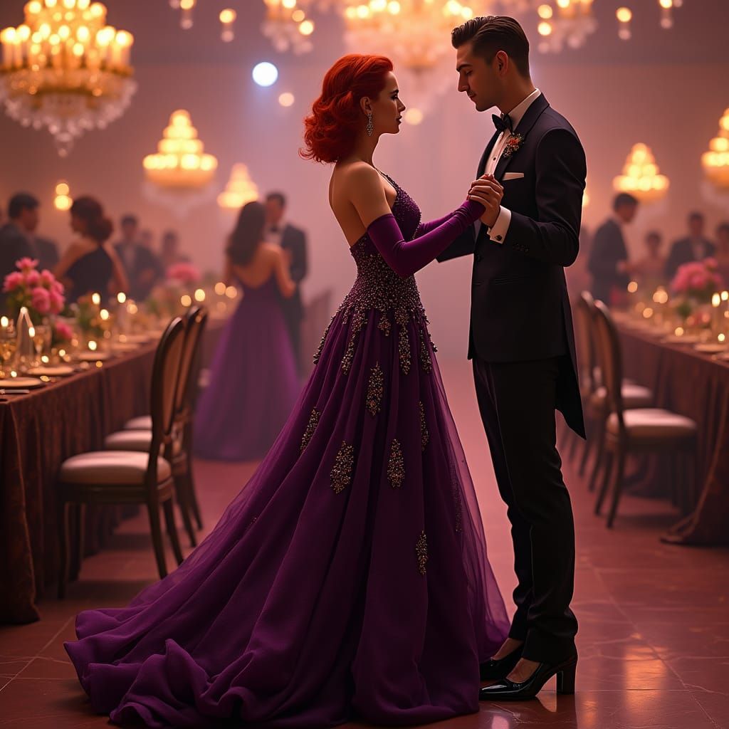 Elegant Woman in Purple Gown Ready to Dance