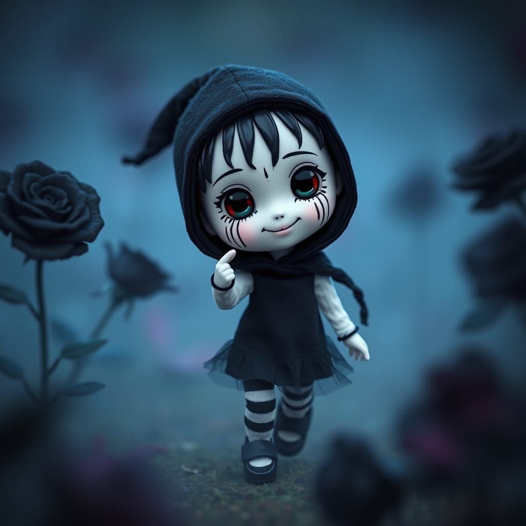 Adorable Chibi Mime Doll in Misty Rose Field