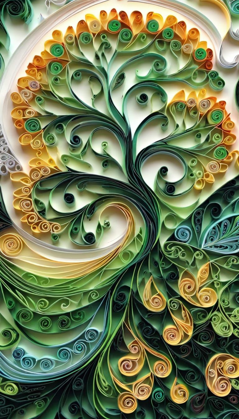 Fractal Quilled Tree Artwork in Vibrant Forest Greens