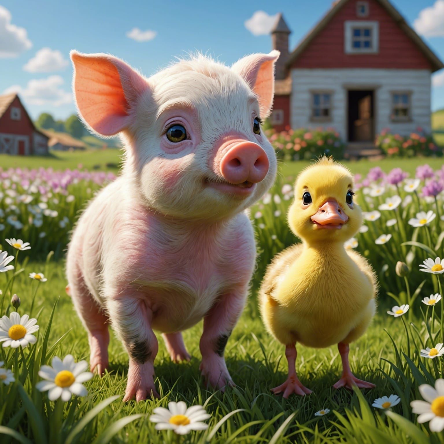 Adorable Piglet and Duckling in Grassy Field: 3D Render