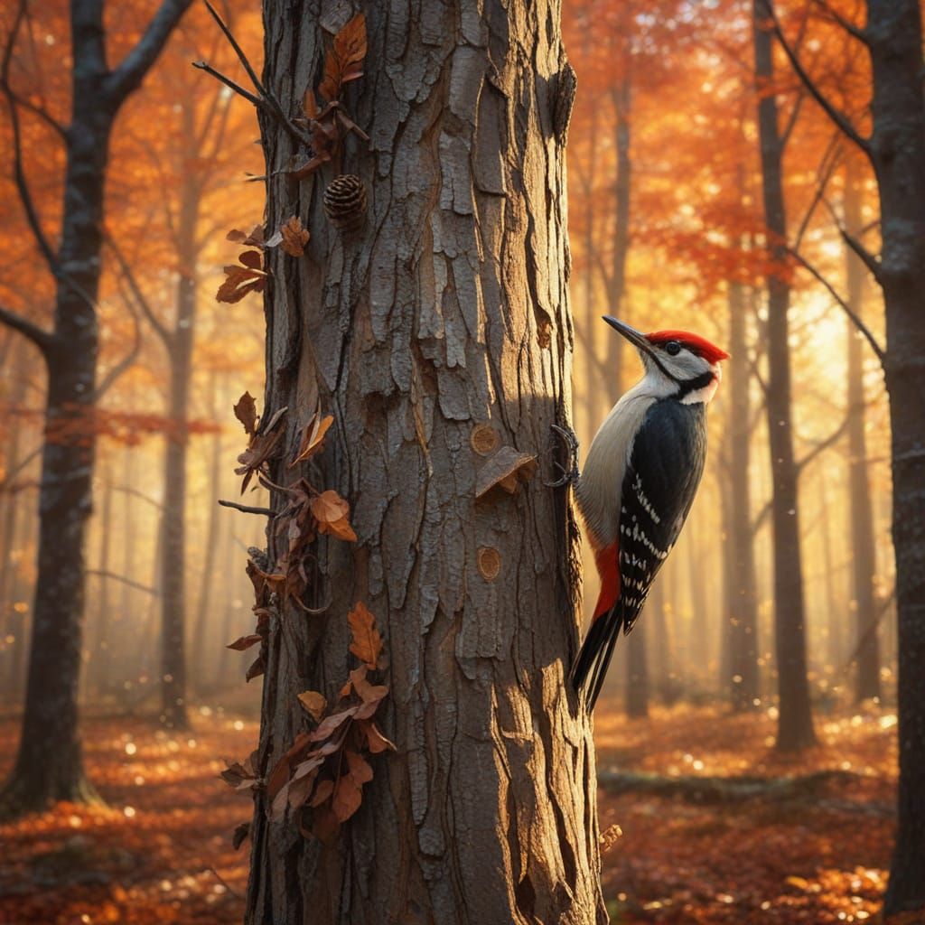 Woodpeckers in Vibrant Autumn Forest Digital Painting