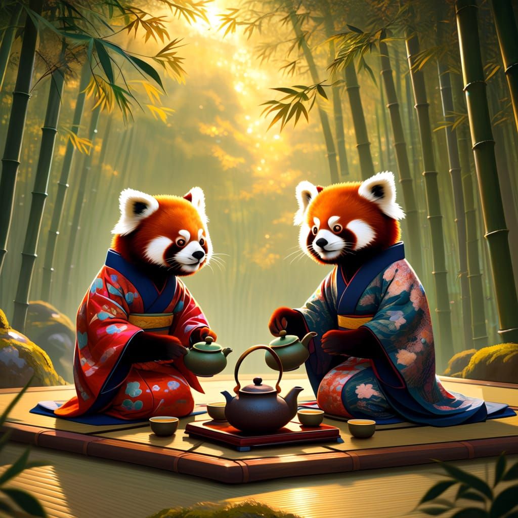 Red Pandas in Chanoyu Tea Ceremony in Bamboo Forest