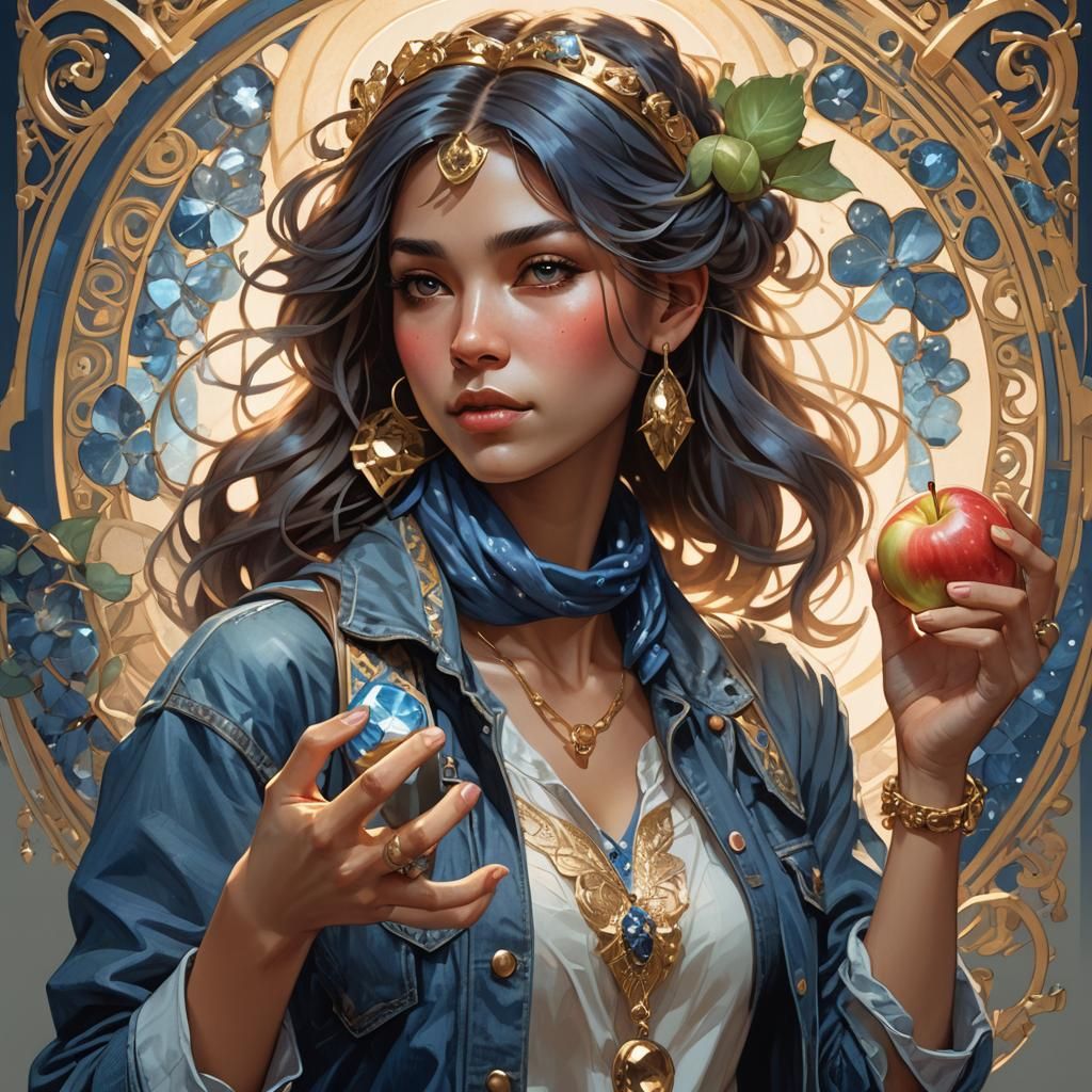 Woman with Apple Portrait in Art Nouveau Style