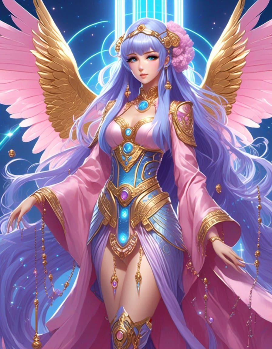 Anime Goddess long blue hair, lavender eyes, iridescent pink holographic wings, pink, sky blue purple with gold accent r...