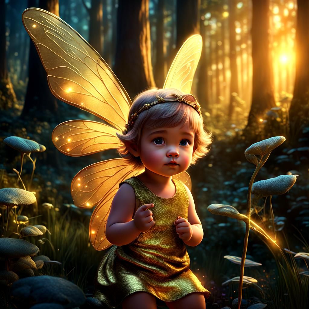 Toddler Fairy in Magic Forest at Sunset