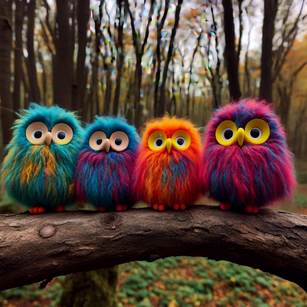 Colorful Fluffy Owls on a Branch