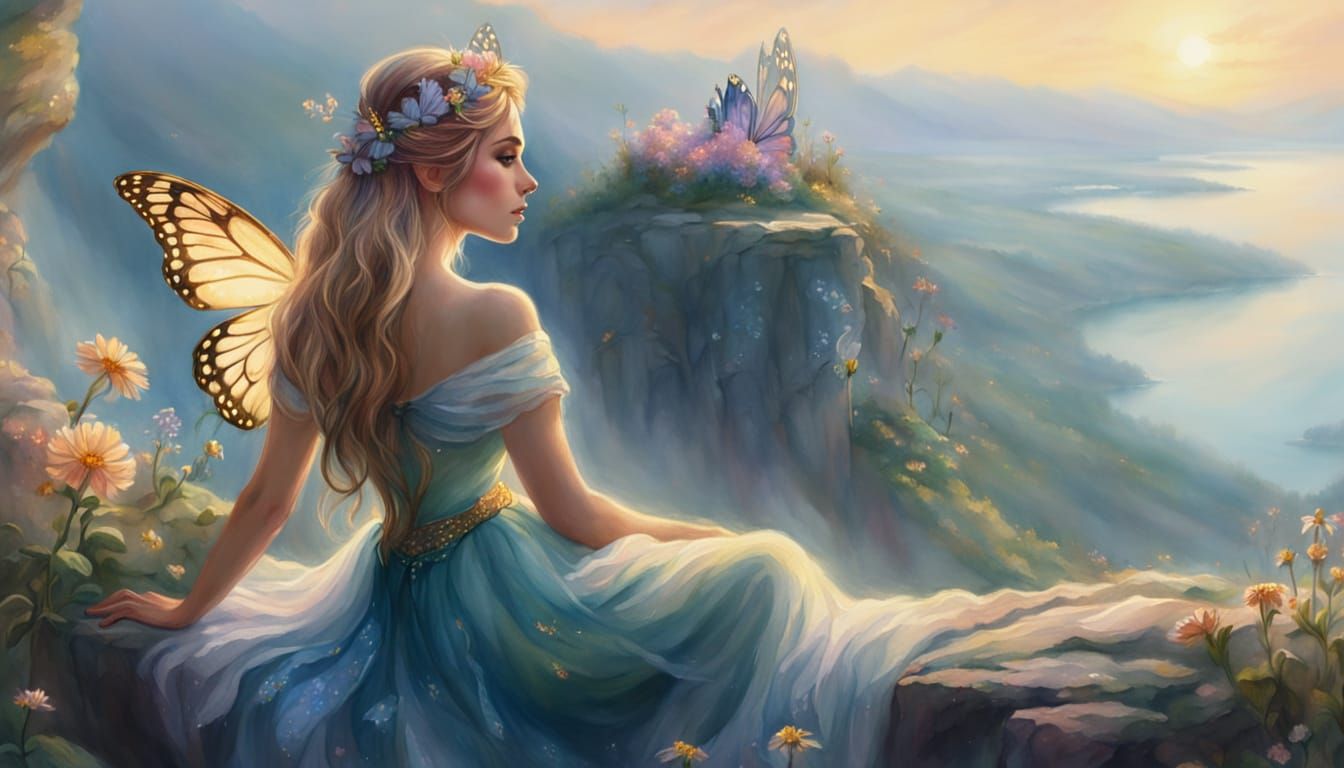 Fairy Overlooking Landscape in Watercolor Painting