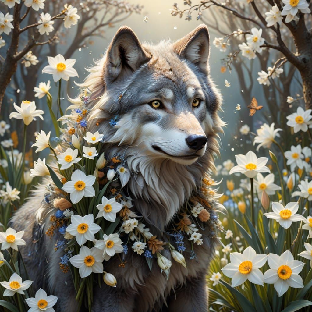 Whimsical Fantasy Wolf in Springtime Bloom