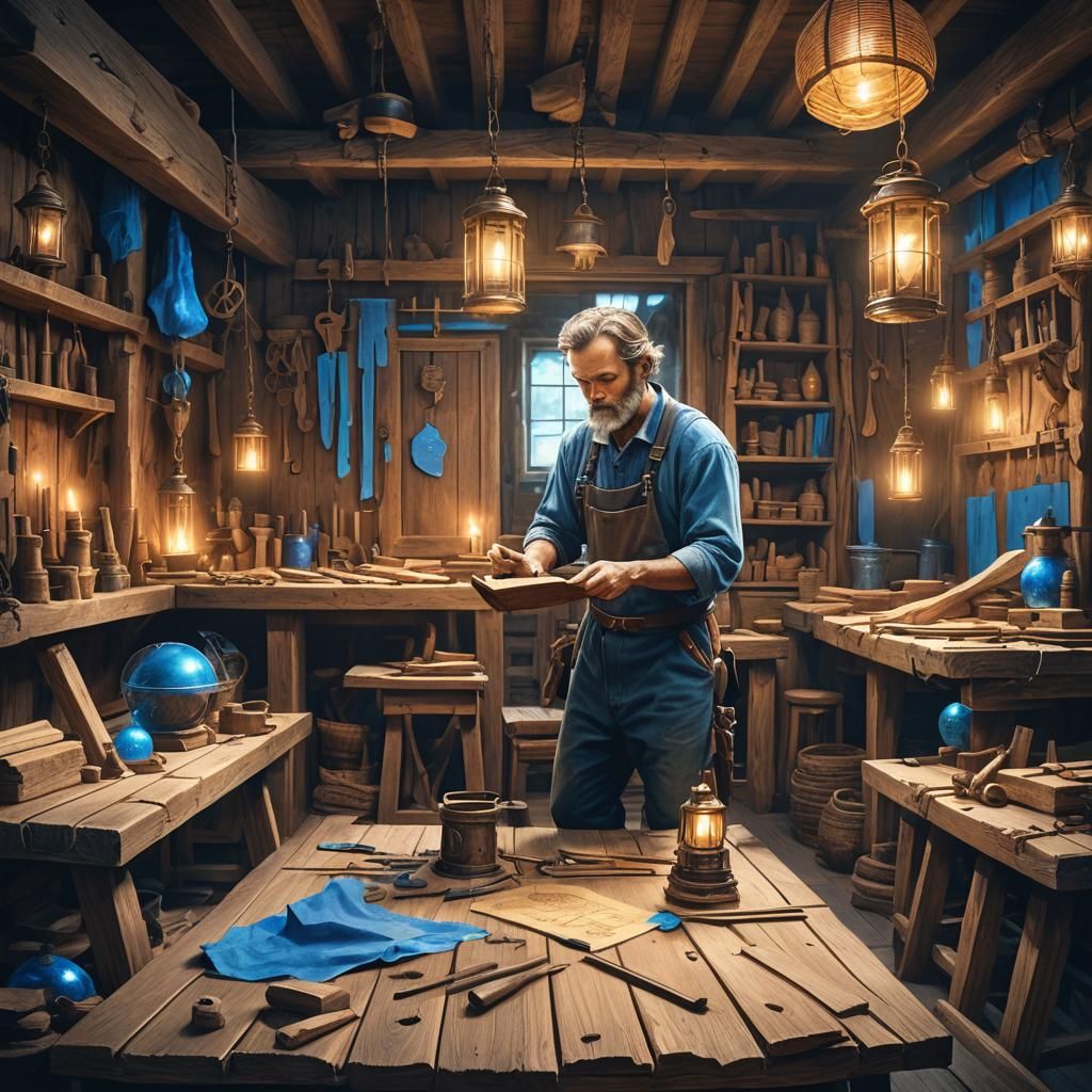 Mystical Carpenter's Workshop in Matte Painting Style