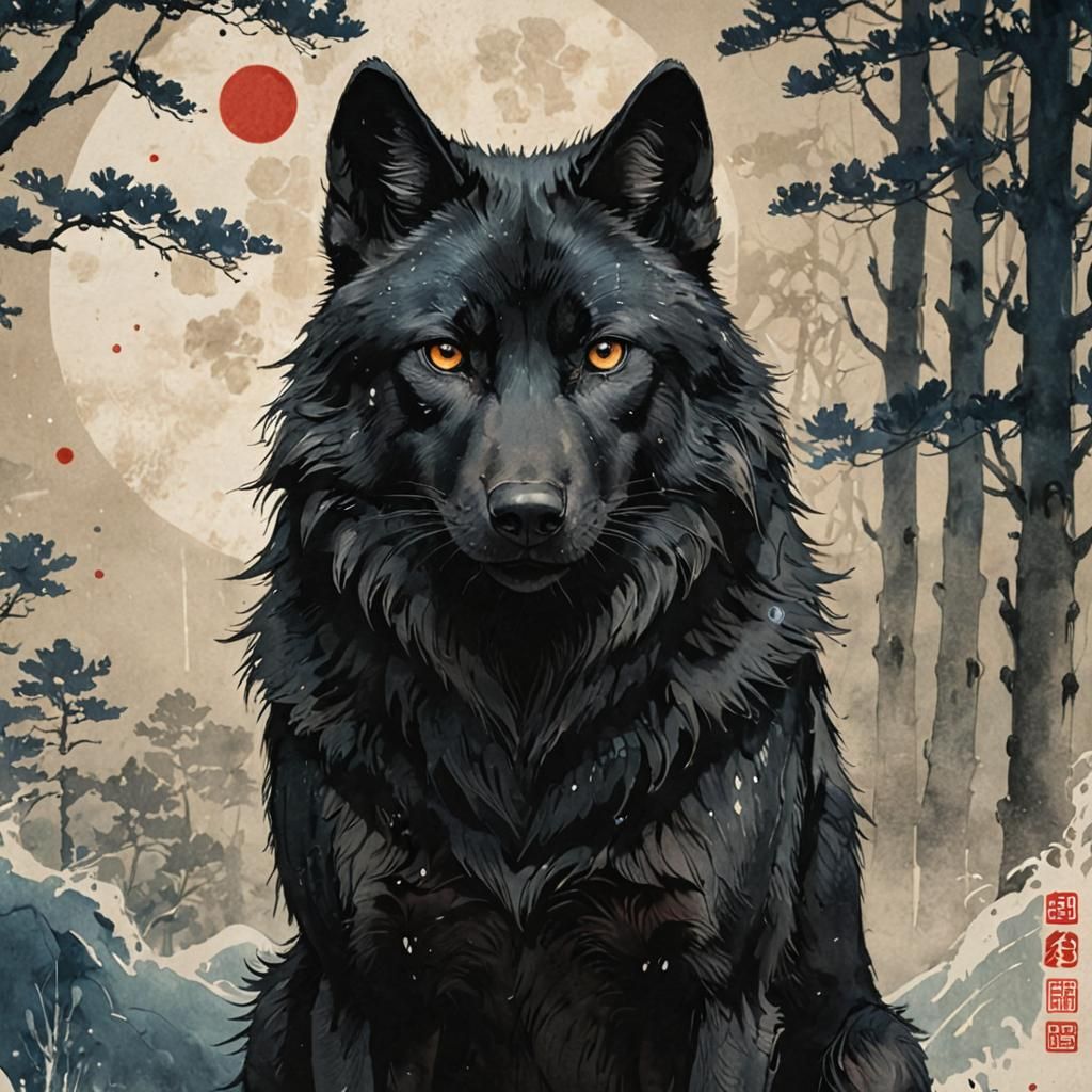 Majestic Black Wolf in Ukiyo-e Style